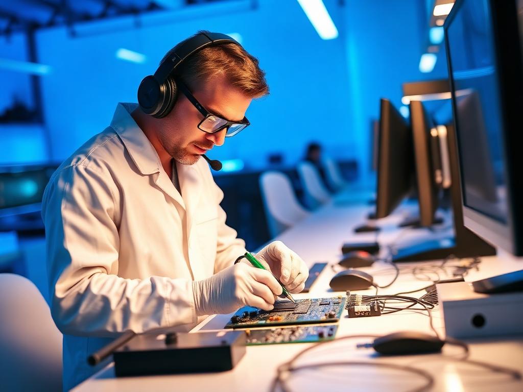 فني إكسبرس هاي تك أثناء إصلاح لوحة إلكترونية في المختبر