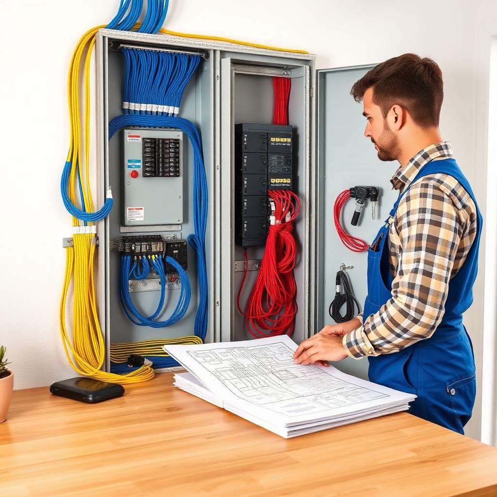 مهندس كهرباء يراجع مخطط التمديدات أمام لوحة توزيع منظمة